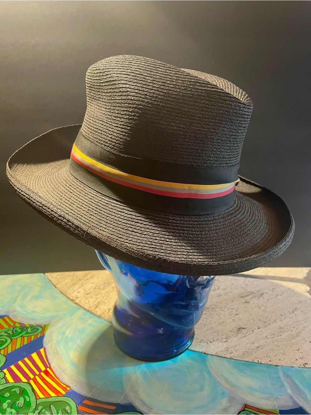 Black Straw Fedora Hat with Tricolor Band - Men